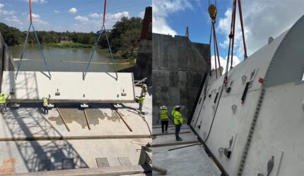 Gate installation underway at Lake McQueeney Dam during September 2025 construction